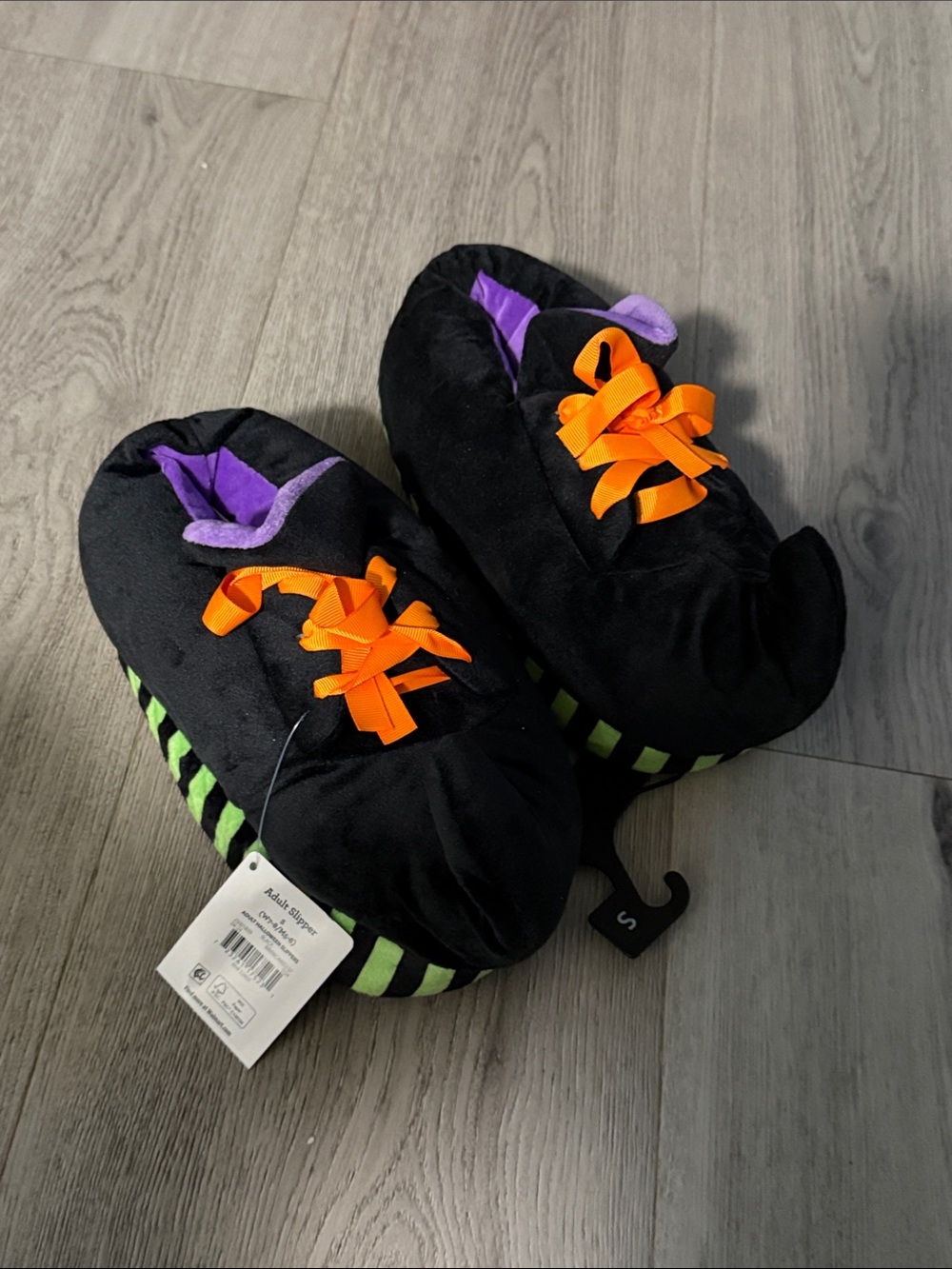 Adult Black & Purple Plush One-Piece Slipper Shoes with Orange Laces